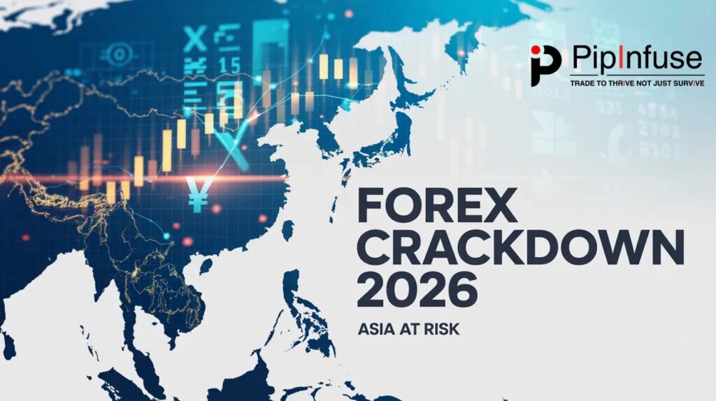 Asia map with text: Asia’s Quiet Crackdown on Forex Trading: Why Most Retail Traders Are at Risk in 2026. PipInfuse.