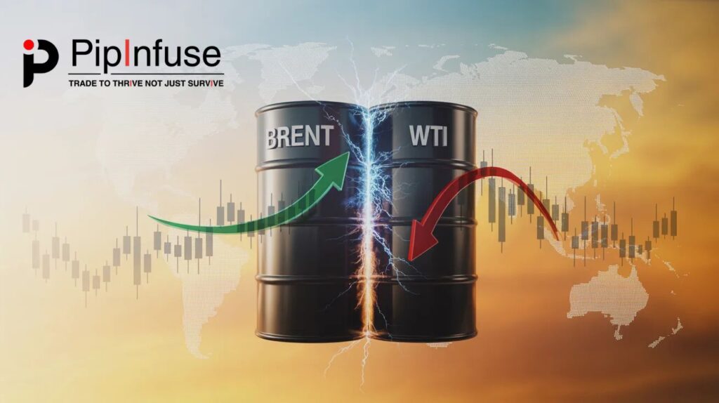 Modern fintech illustration of Brent vs WTI oil price benchmarks showing a market gap with dynamic trading charts and price movement arrows for forex market analysis.