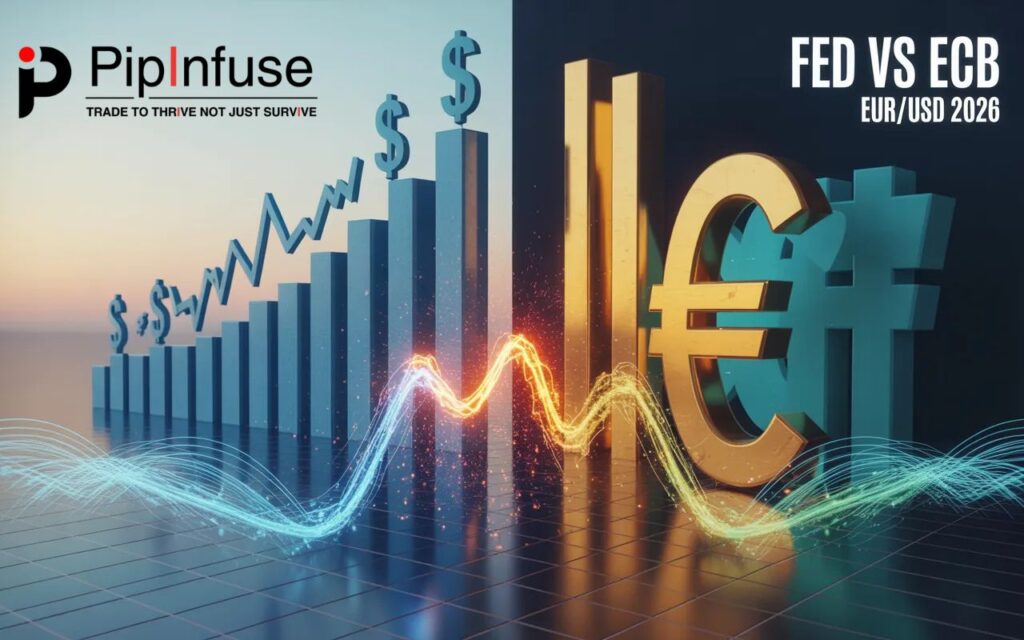 PipInfuse chart showing Fed vs ECB interest rate paths and EUR/USD volatility in April 2026.