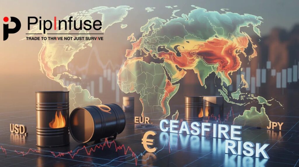 Cinematic illustration of US-Iran geopolitical tension featuring a glowing Middle East map, volatile forex trading charts, oil barrels, and currency symbols representing global market risk.