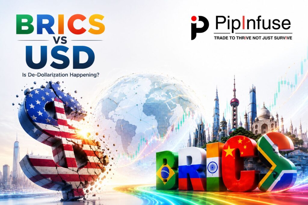 Comparison of BRICS currencies and US Dollar symbols with 2026 market growth charts.
