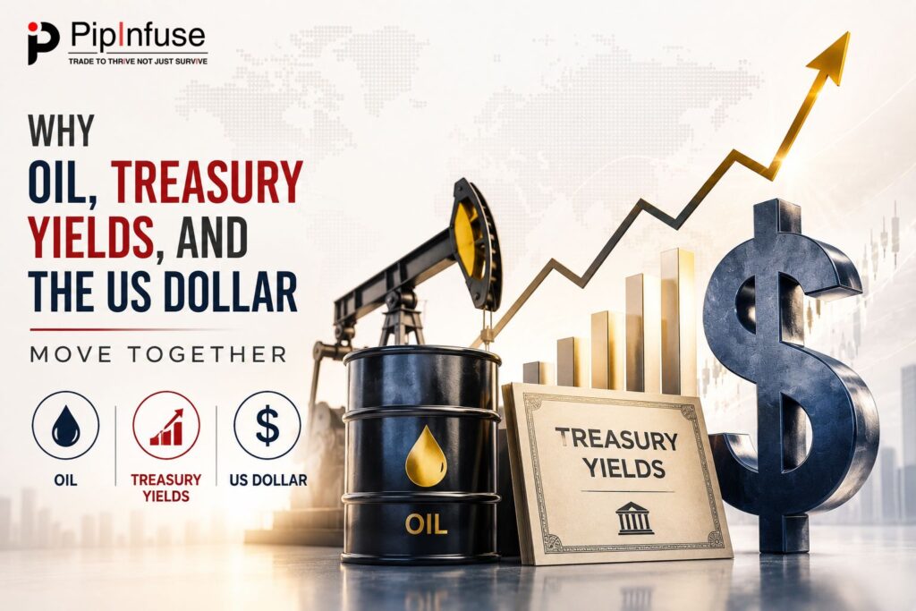 Modern financial infographic showing oil prices, treasury yields, and the US dollar moving together with rising market charts and macroeconomic symbols