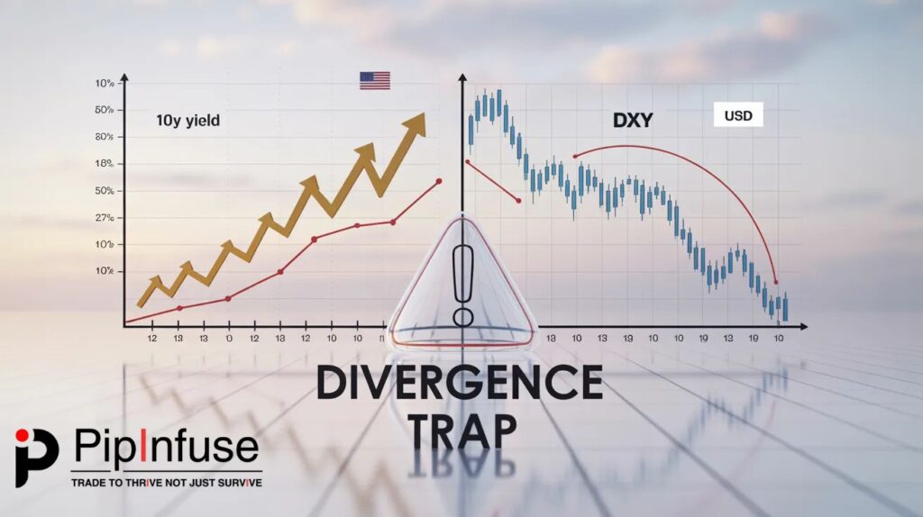 2026 Forex Market Chart showing divergence between rising US Treasury yields and falling US Dollar Index DXY.