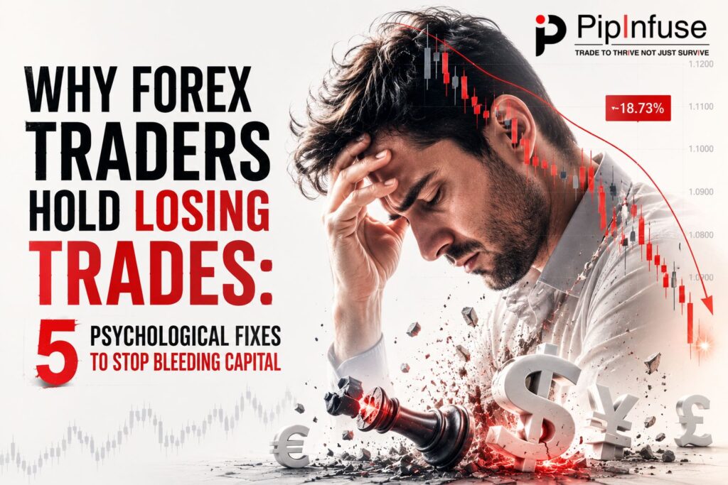 Why forex traders hold losing trades too long, emotional trading psychology concept with falling candlestick charts and financial loss visuals.