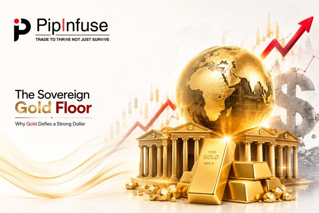 Gold bars and central bank buildings beneath a golden globe, illustrating how XAUUSD remains resilient despite a strong US dollar and rising global demand for gold.