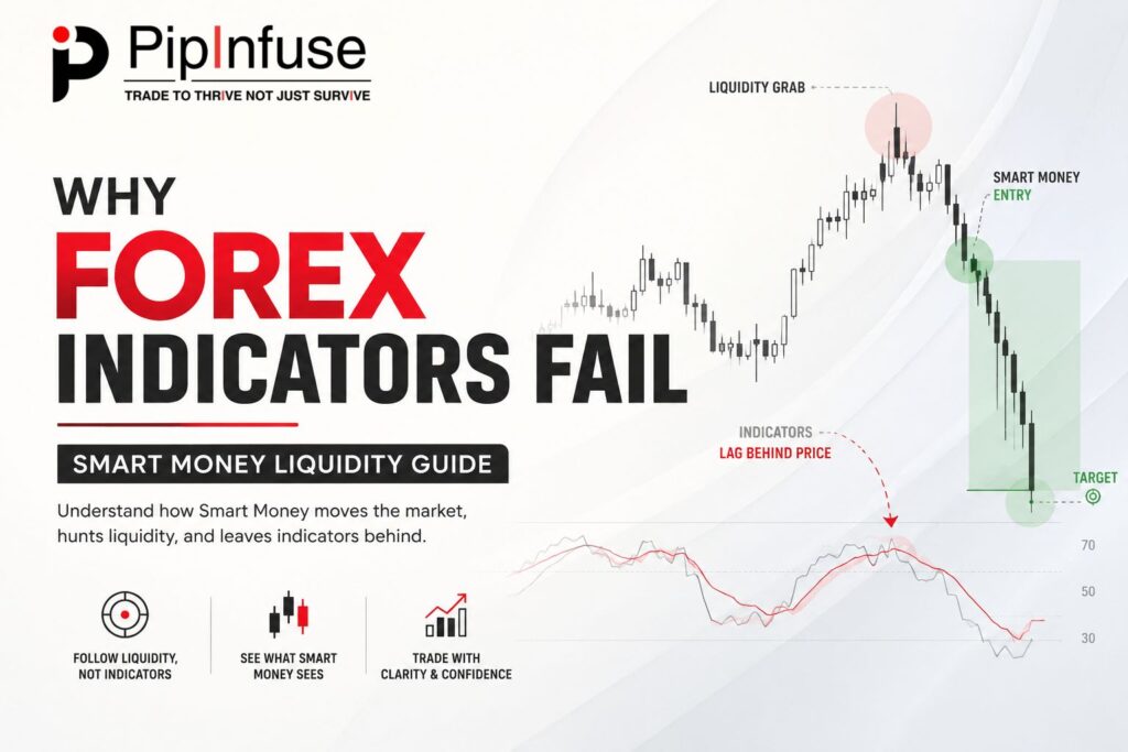 Why Forex Indicators Fail - Smart Money Liquidity Guide showing institutional liquidity concepts, liquidity grabs, smart money entries and Forex market structure.