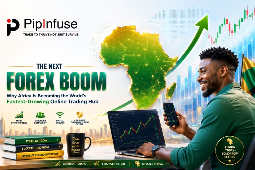 africa-forex-trading-boom-online-trading-hub-2026 Africa emerging as the fastest-growing online forex trading hub with rising market charts and digital trading platforms.