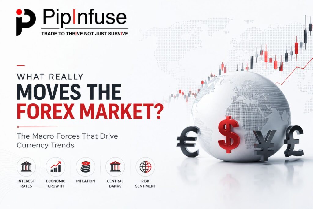 what-moves-the-forex-market-macro-forces-currency-prices Illustration showing the macroeconomic forces that move the forex market, including interest rates, inflation, central banks, economic growth, and global currency trends.